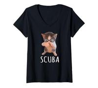 Women's Cute Scuba Cat Swim Goggles Dancing Kitten Humor V-Neck T-Shirt