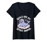 Womens Cute Seal with Heart Glasses - My Spirit Animal V-Neck T-Shirt
