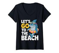 Womens Cute Shark Let's Go To The Beach Summer Vacation Graphic V-Neck T-Shirt