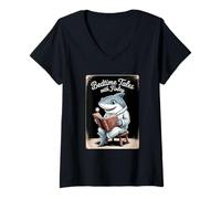 Womens Cute Shark reading a Book Bedtime Tales with Finley Kids V-Neck T-Shirt
