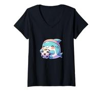 Womens Cute Shark Soccer Player Kawaii Football Athlete V-Neck T-Shirt