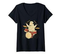 Womens Cute Sheep Playing Drums Drummer Music V-Neck T-Shirt