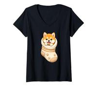 Women's Cute Shiba Inu Puppy in Cozy Baby Sock Doggo Cutecore Design V-Neck T-Shirt