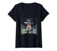 Womens Cute Show ME Your Kitties Cat Lover UFO Believer Alien Meow V-Neck T-Shirt