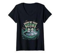 Womens Cute Show ME Your Kitties Cat Lover UFO Sighting Alien Meow V-Neck T-Shirt