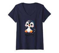 Women's Cute Shy Cartoon Chibi Penguin with Smile V-Neck T-Shirt