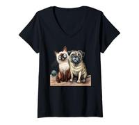Women's Cute Siamese Cat and Pug Dog Friends Sketch V-Neck T-Shirt