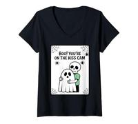 Womens Cute Skeleton Hugging Ghost Boo You’re on The kiss cam V-Neck T-Shirt