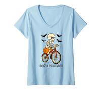 Womens Cute Skeleton On A Bike Bone Voyage V-Neck T-Shirt