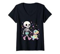 Women's Cute Skeleton T-Rex Rainbow Dinosaur Kawaii Pastel Goth Dino V-Neck T-Shirt