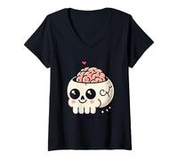Women's Cute Skull Brain Heart Kawaii Spooky Nerdy Cartoon V-Neck T-Shirt