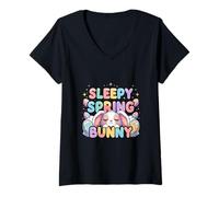 Women's Cute Sleeping Bunny Cozy Spring Animal Design V-Neck T-Shirt