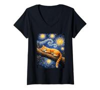 Women's Cute Sleeping Cat Van Gogh Starry Night Inspired Cats Lover V-Neck T-Shirt