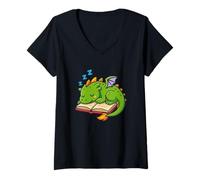 Womens Cute Sleeping Dragon On Book V-Neck T-Shirt