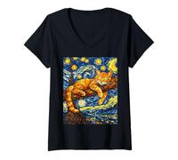 Women's Cute Sleeping Orange Cat Cozy Starry Night Van Gogh Inspired V-Neck T-Shirt