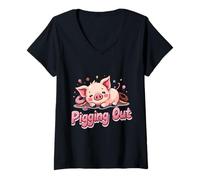 Women's Cute Sleeping Pig Surrounded by Colorful Donuts and Candy V-Neck T-Shirt