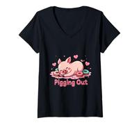 Women's Cute Sleeping Pig Surrounded by Colorful Donuts and Candy V-Neck T-Shirt
