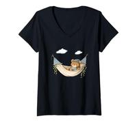 Womens Cute Sleeping Teddy Bear in Hammock for Vacation Lovers V-Neck T-Shirt