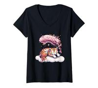 Womens Cute Sleeping Tiger Cherry Blooms Animal Lovers Nature Fans V-Neck T-Shirt