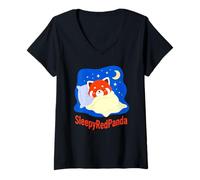 Women's Cute Sleepy Red Panda Sleeping Under Blanket Cozy Animal V-Neck T-Shirt