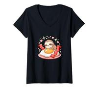Womens Cute Sleepy Sloth Hugging Fried Egg Bacon V-Neck T-Shirt