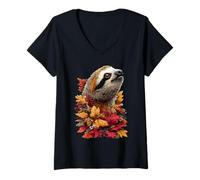 Womens Cute Sloth with Autumn Leaves Fall Flowers Jungle Animal V-Neck T-Shirt