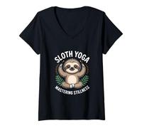 Women's Cute Sloth Yoga Mastering Stillness Meditation V-Neck T-Shirt