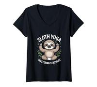 Women's Cute Sloth Yoga Mastering Stillness Meditation V-Neck T-Shirt