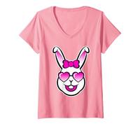 Womens Cute Smiling Bunny Happy Face With Pink Sunglasses And A Bow V-Neck T-Shirt