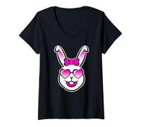 Womens Cute Smiling Bunny Happy Face With Pink Sunglasses And A Bow V-Neck T-Shirt