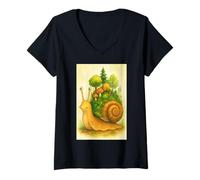 Womens Cute Snail with Forest On Shell V-Neck T-Shirt