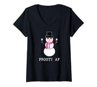 Womens Cute Snowman with Wine Frosty AF Holiday V-Neck T-Shirt