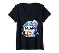 Women's Cute Snowy Owl Pizza Fan Cartoon Design V-Neck T-Shirt