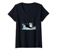 Women's Cute Soccer Penguin Sliding in Water with Ball V-Neck T-Shirt