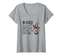 Womens Cute Sorry I'm Late My Cat was Sitting On Me Witch Mom Dad V-Neck T-Shirt