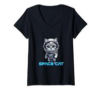 Women's Cute Space Explorer Cat Astronaut Cosmic Adventure V-Neck T-Shirt