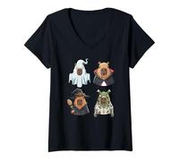 Womens Cute Spooky Capybara in Halloween Costumes Graphic V-Neck T-Shirt