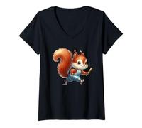 Women's Cute Squirrel Running with Baseball Bat Graphic V-Neck T-Shirt
