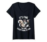 Womens Cute Squirrel with Laptop Coffee IV Everything is fine V-Neck T-Shirt