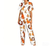 Womens Cute Squirrels Print Pajama Sets Short Sleeve Lounge Set Long Pajama Pants 2 Piece Pj Sets, Black, Medium