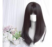 Women's Cute Straight Black Long Wig Blunt Bangs JK Girl Lolita Harajuku Wig Full Headband for Daily Cosplay Party