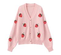 Women's Cute Strawberry Embroidered Knitted Cardigan Sweet Kawaii Button Line Cardigan Y2 K-Line Cardigan, Pink, M