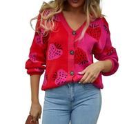 Women's Cute Strawberry Graphic Cardigan Sweaters Button Down Color Block Knit Jacket Trendy Y2K Aesthetic Preppy Clothes, Red, M