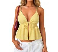 Women's Cute Summer Cami Tank Top Cheetah Print Tie Front Backless Spaghetti Strap Beach Vacation White Going Out Tops, Butter Yellow, XS