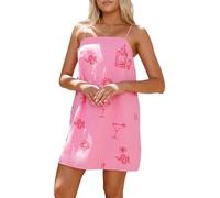 Women's Cute Summer Floral Cami Dress Spaghetti Strap Cartoon Fruit Print Mini Dress Cut Out A Line Short Sundress (D-Pink, M)