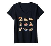 Women's Cute Summer Pug Beach Holiday Surf Hammock Fun V-Neck T-Shirt