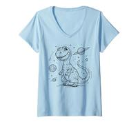 Women's Cute T-Rex Dinosaur Space Explorer Cosmic Dino Adventure V-Neck T-Shirt