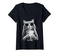 Women's Cute Tabby Cat Drinking Iced Coffee Funny Meme y2k Grunge V-Neck T-Shirt