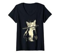 Women's Cute Tabby Cat Playing Flute Funny Musician Kitten Flutist V-Neck T-Shirt