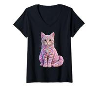 Women's Cute Tabby Cat with Seashells Beach Shells Summer Animal V-Neck T-Shirt